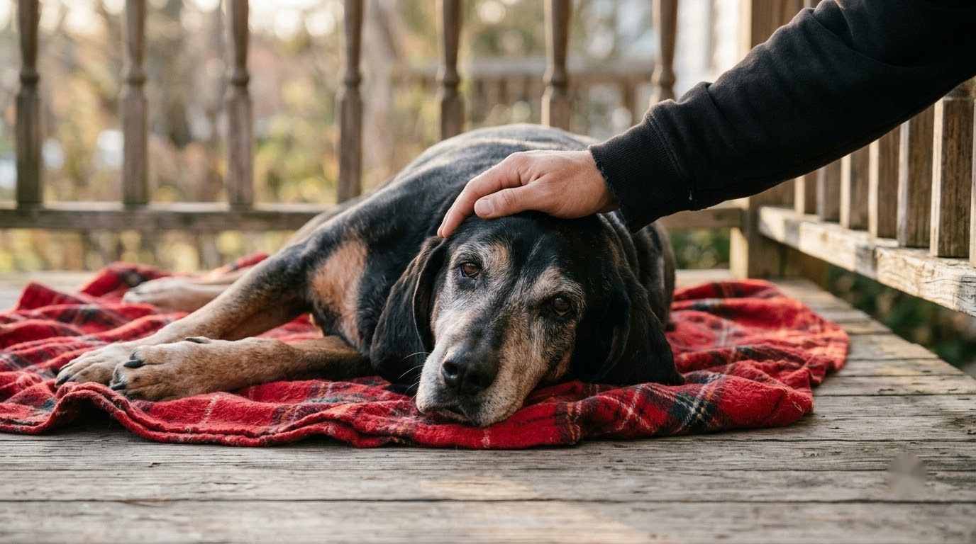 Hank, an old black-and-tan coonhound, resting safely at home