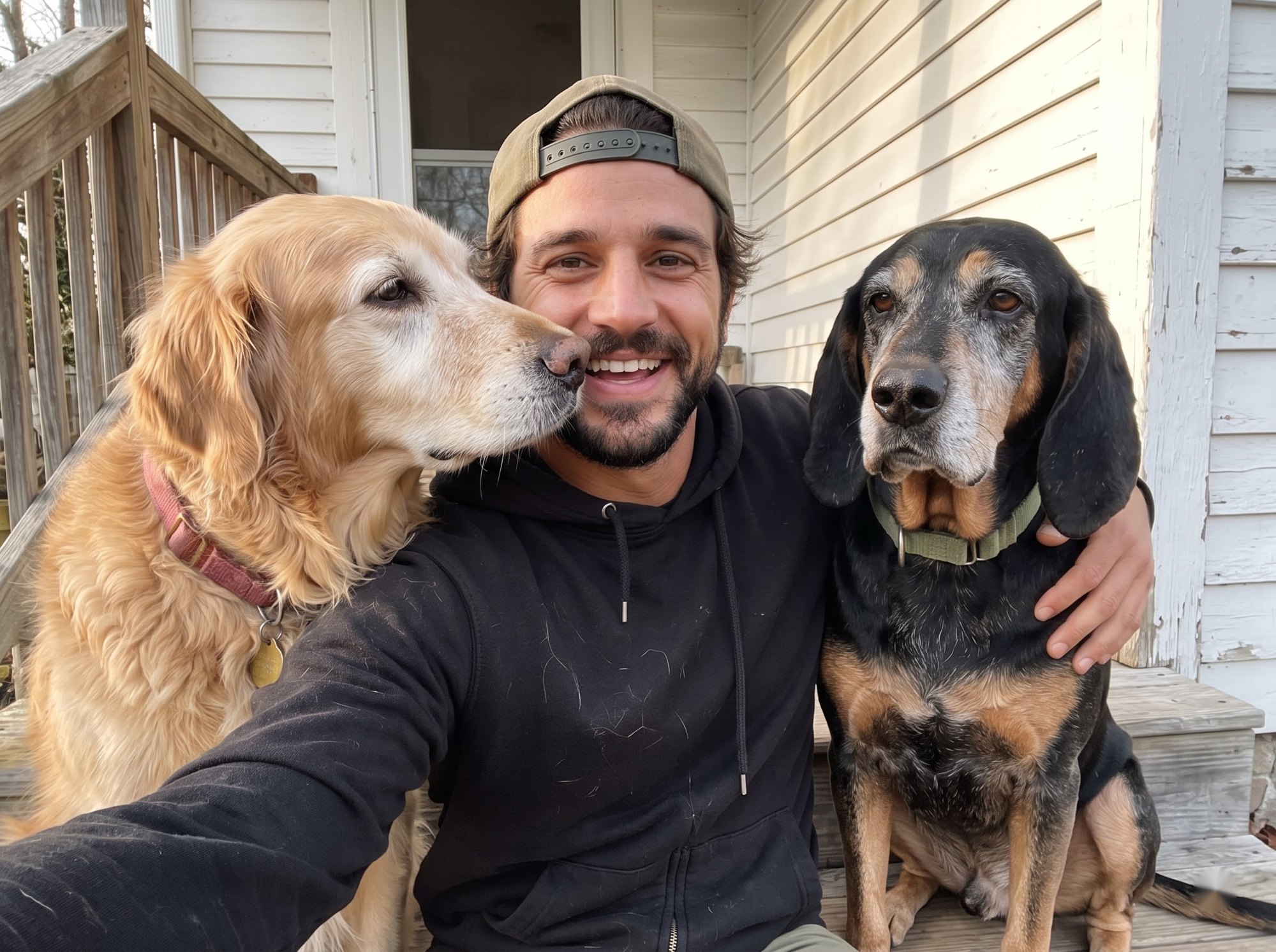Jake on his porch steps with Maple, a golden retriever, and Hank, an old black-and-tan coonhound