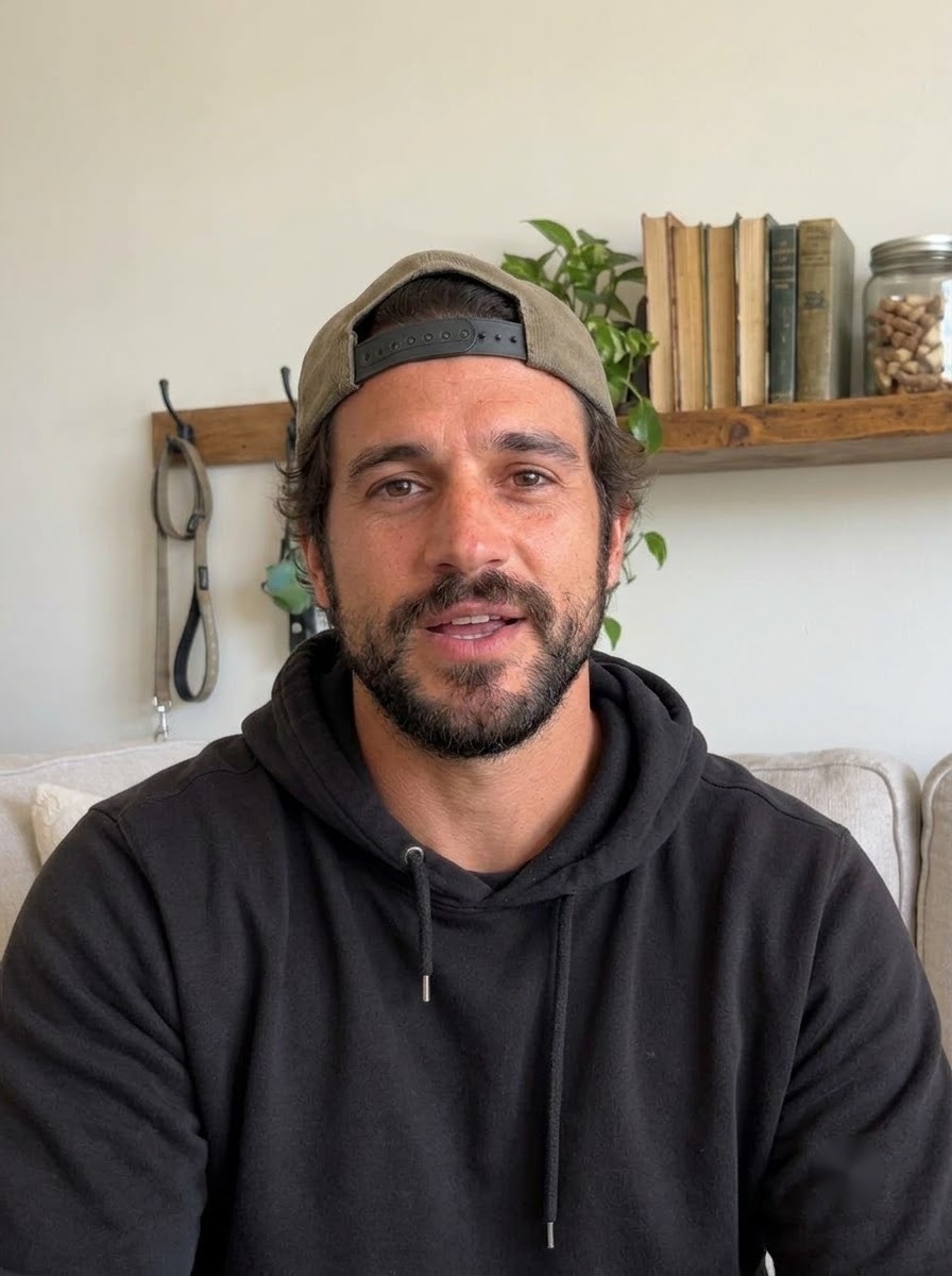 Jake, host of the Jake - Dog Dad channel, talking to the camera at home