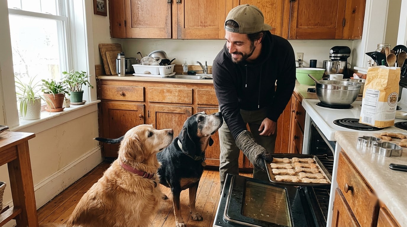 Jake taking homemade dog biscuits out of the oven while Maple and Hank watch