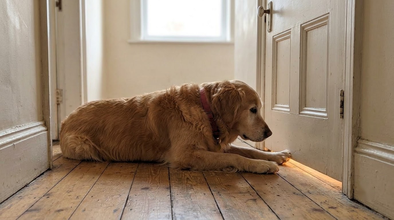 Maple the golden retriever waiting with a paw under a closed door