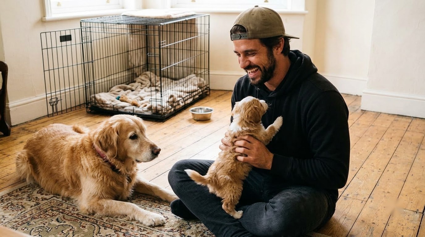 Jake on the living-room floor with a new puppy while Maple watches