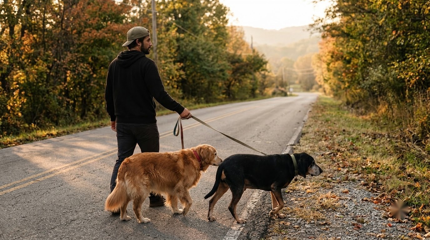 Jake walking Maple and Hank on loose leashes down a country road