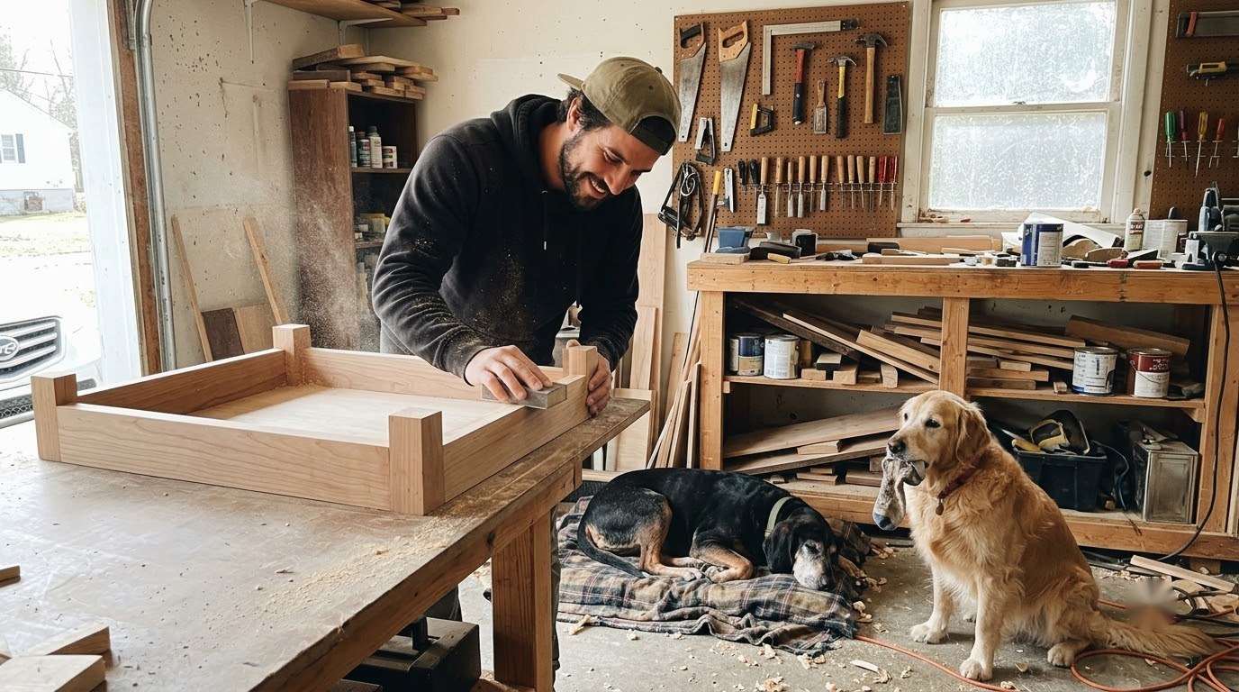 Jake in his workshop with Maple and Hank